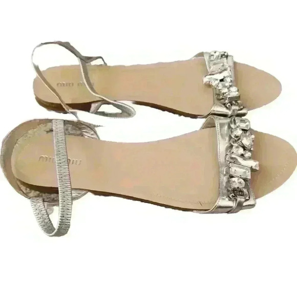 Miu Miu Womens Silver Crystal Strap Flat Designer Embellished Evening Sandal 40 - Picture 3 of 16